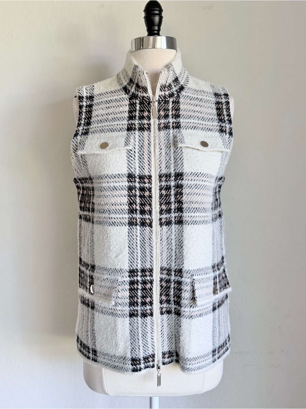 Max Studio Soft Plaid Zip-Front Fuzzy Vest - Flap Pockets, White, Black, Tan, M